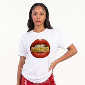Camiseta Ajuste Mediano para Mujer Mouth Gold en Blanco