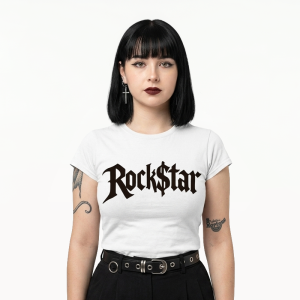 Camiseta Ajuste Mediano para Mujer Rock$tar Logo en Blanco